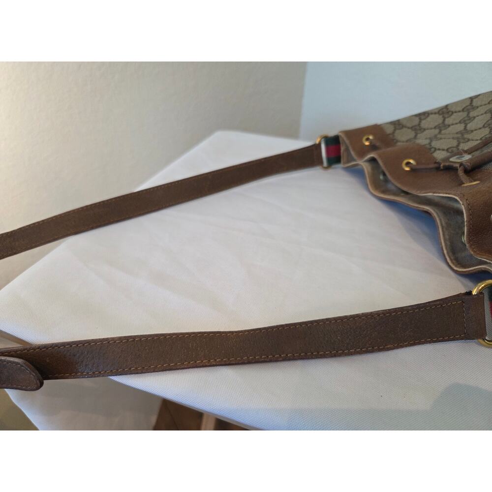 Gucci GG Supreme Monogram Bucket Bag Brown Leather Drawstring Vintage Web Stripe - Picture 10 of 15